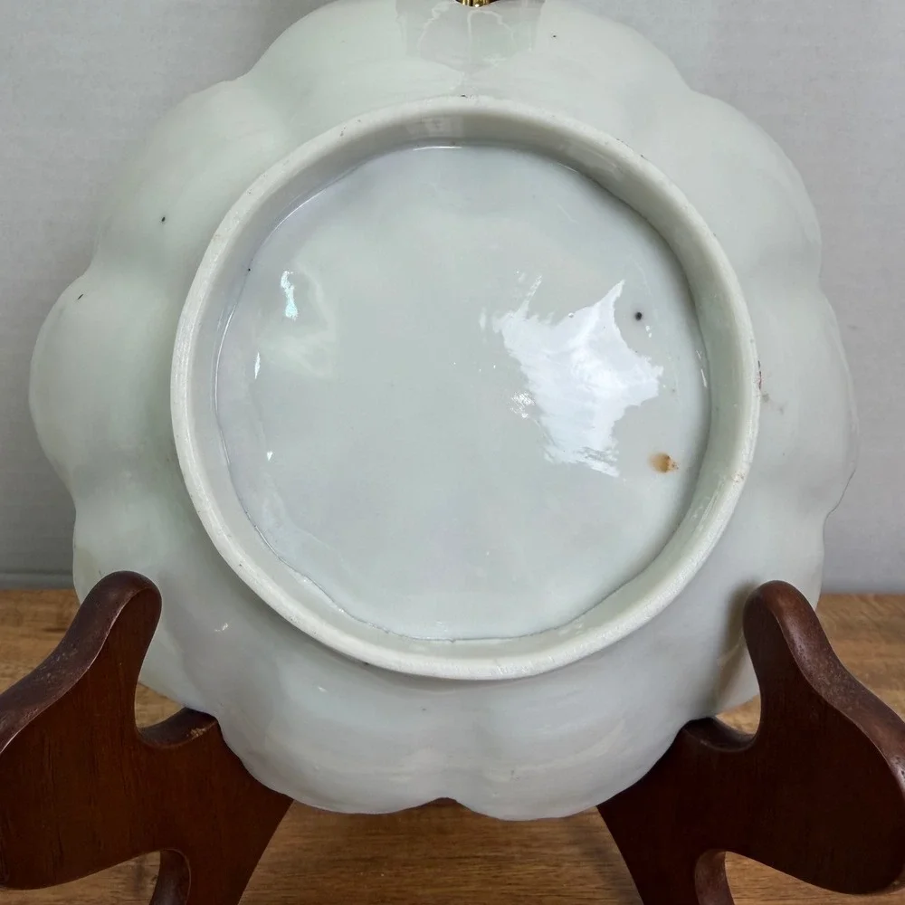 Vintage Japanese Kutani Porcelain Bowl Geisha Girl Scalloped Green Gold Gilt